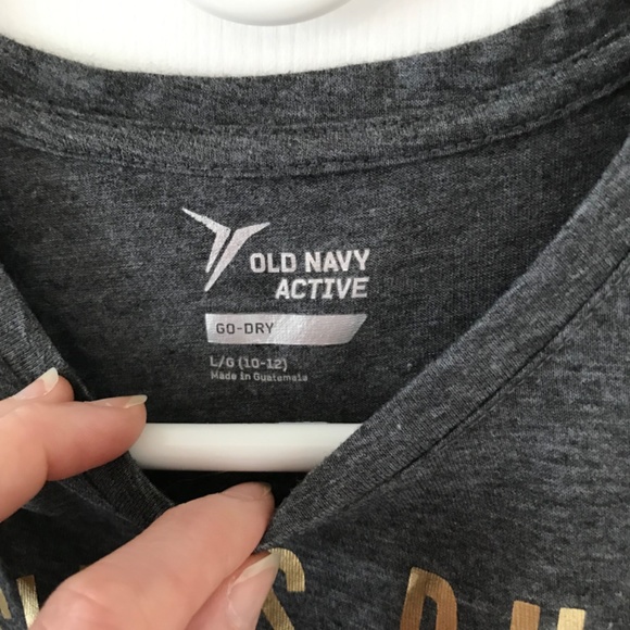 Old Navy Active gray gold Girls Rule Tee shoulder cutouts Girls Size 10 /12 - Picture 6 of 13